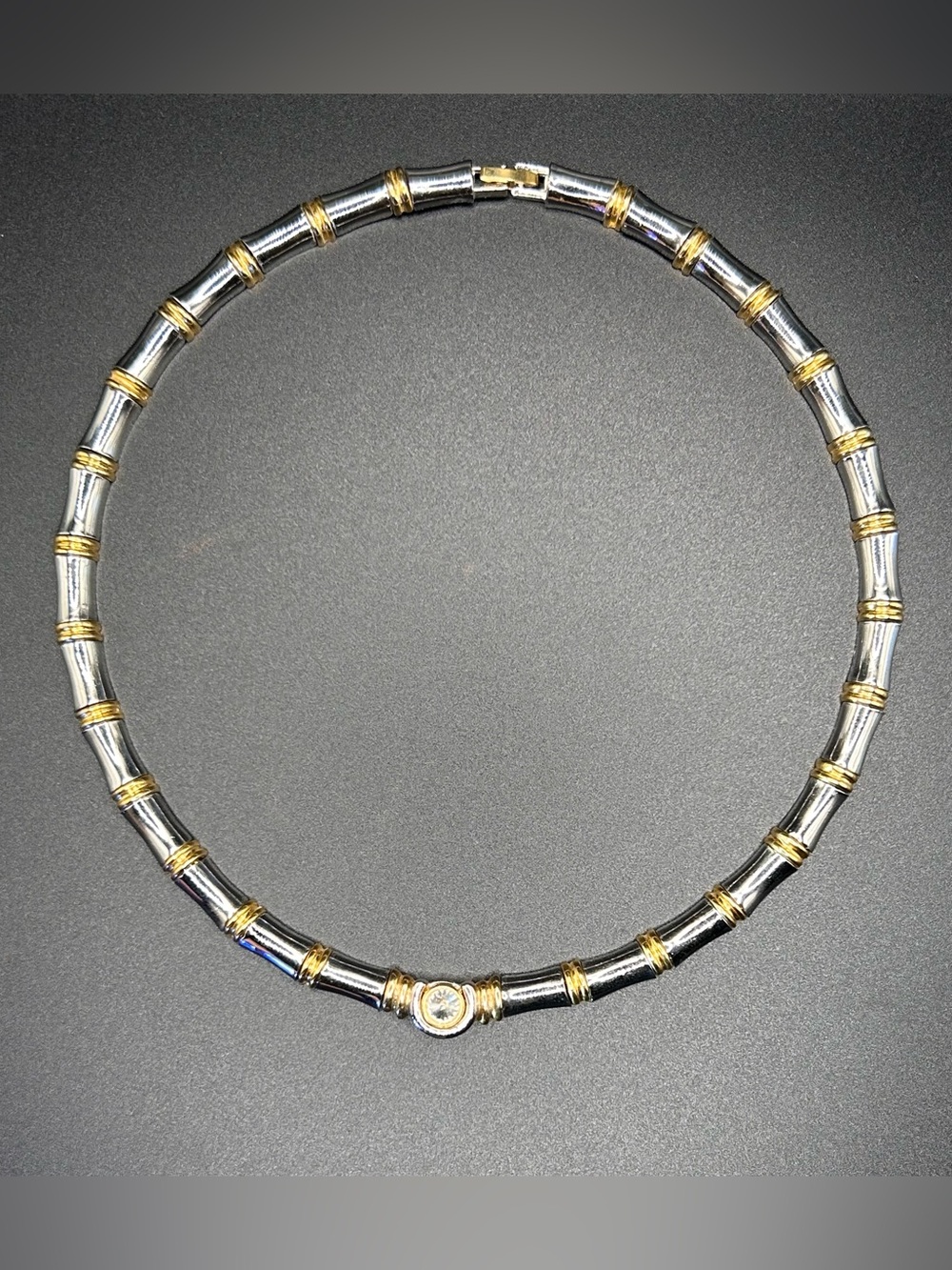 Two-Tone Silver and Gold Women's Necklace with Center Crystal